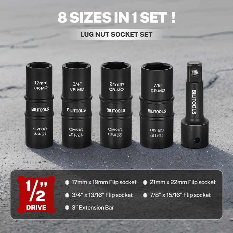 BILITOOLS Lug Nut Socket Set, 1/2 inch Drive Non-Marring Impact