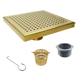 Bernkot Square Shower Drain 8", 304 Stainless Steel Floor Drain with Grid Drain Cover & Hair Strainer, Shower Drain w/CUPC Certified, Brushed Gold