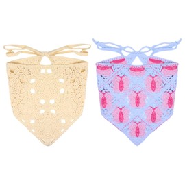 yueton 2 Pack Flower Crochet Hair Bandanas Beige Headscarf Vintage Head Kerchief Hollow Headwrap Colorful Butterfly Crochet Knitted Bandanas for Women