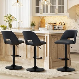 COLAMY Bar Stools Set of 3, Modern Swivel Bar Chairs, Adjustable PU Leather Upholstered Barstools Counter Height with Square Open Back for Bar, Kitchen Island, Dining Room, Black