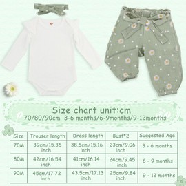 ABOHU Baby Girl Clothes, 3 Pieces Newborn Ruffle Long Sleeve Romper Daisy Pants Sets with Headband, Baby Clothes Outfit Set Girls from 3-12 Months, White & Green