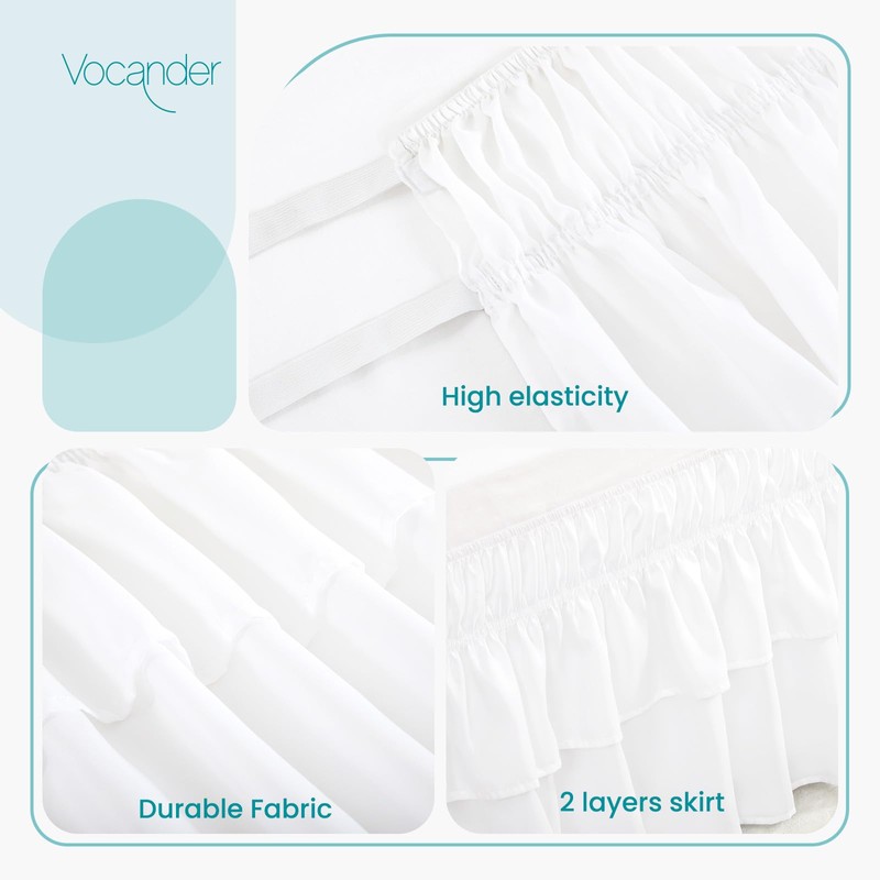 Vocander 2 Layer Bedskirt,White Queen Size Bed Skirt 16 Inch