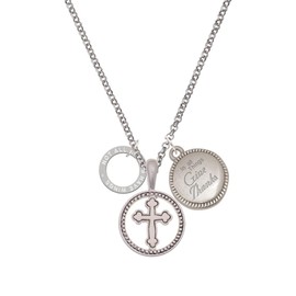 Delight Jewelry Silvertone Not All Angels Have Wings Eternity Ring Silver-tone Give Thanks to God Cross Pendant Necklace, 23"