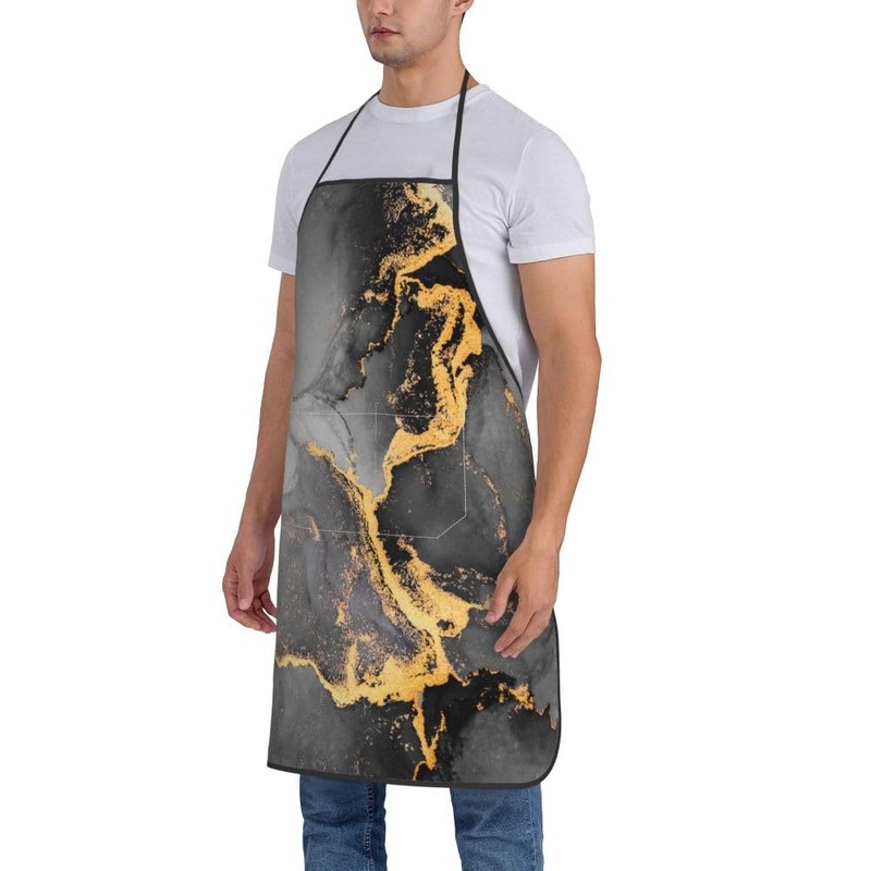 TNOKKU Black Gray Gold Marble Kitchen Chef Apron With Pockets