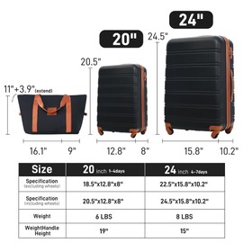 Merax Luggage Sets 2 Piece Expandable Hardside Luggage with Travel Bag Suitcase Set with Spinner Wheels(20+24+bag,Black+Brown-1)