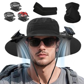 Solar Fan Hat for Men,Wide Brim Sun Hat with 3 Solar Fans,Neck Gaiter and Arm Sleeves,Fishing Hat with Solar Fans Built in,Outdoor Fishing Hiking Gardening Cool Hats Black