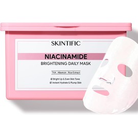 SKINTIFIC Mascarilla Facial Aclaradora con Niacinamida y Ácido Tranexámico, 30 Piezas Mascarilla para Manchas y Brillo Instantáneo, Hidratación Profunda con Extracto de Arroz, Tratamiento Diario de 10 Minutos