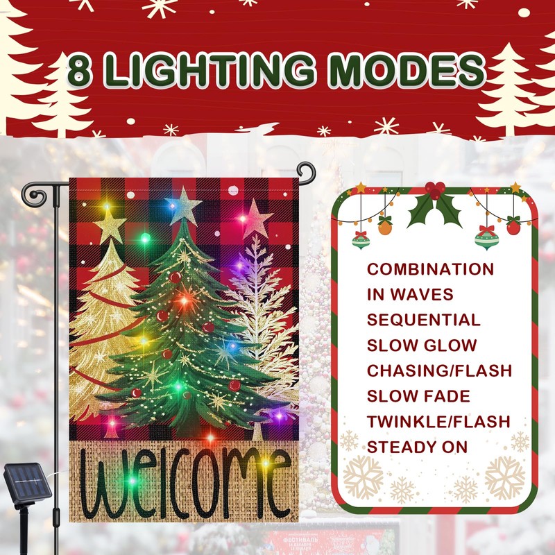 Lighted Christmas Garden Flag 12x18 Double Sided, 8 Modes Solar