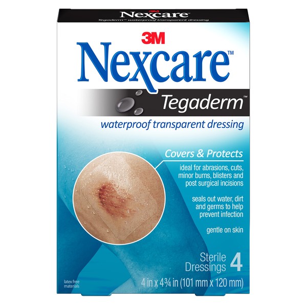 Nexcare Tegaderm Waterproof Transparent Dressing, Provides protection to minor burns, cuts, blisters and abrasions, 4 Ct, 4 In x 4 3/4 In