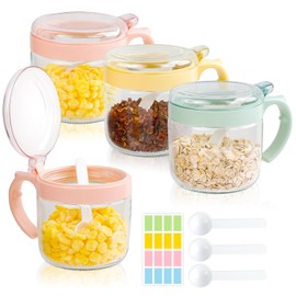 SHAIDOJIO 3 Pack Glass Seasoning Box Condiment Jar Spice Container with Lids and Spoons, 10oz Salt and Sugar Container Set, Clear Condiment Canisters Pots Topping Containers for Kitchen Coffee Bar