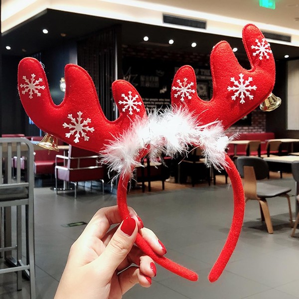 Red Deer Antlers Headband - Christmas Headbands Snowflake White Plush