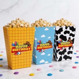 ZRLABL Cartoon Cowboy Themed Popcorn Boxes, 12 Pack Disposable Paper Snack Treat Boxes Birthday Party, Baby Shower Movie Night Party Favor Supplies (Popcorn Boxes)