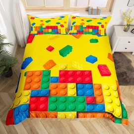 Loussiesd Building Block Print Bedding Set - Single Size Kids Brick Styles Comforter Set for Boys Teens - Colorful Duvet Cover Breathable Gaming Yellow Bedspread Room Decor Quilt Cover