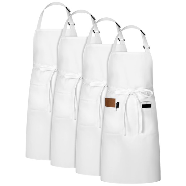 Twistover 4 Pack White Bib Aprons with 2 Deep Pockets