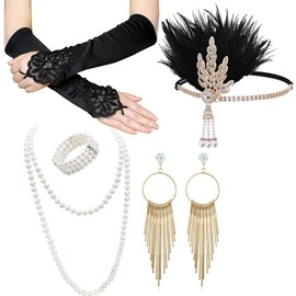 VEGCOO 1920s Flapper Great Gatsby Accessories Set With Vintage Headband, Handheld Prop, Long Gloves, Bracelet, Necklace, Earrings - Roaring 20's Theme for Women Girls
