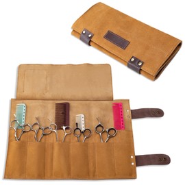 Estuche para tijeras de peluquería para peluquería, bolsa enrollable de piel auténtica, organizador de herramientas de salón para peluquería (V-001-beige)