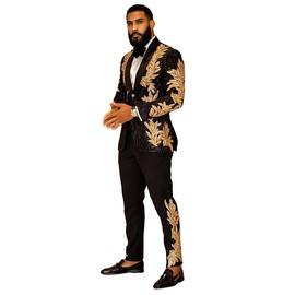 Homhous Men's Suit 2 Pieces Blazer and Pants Black with Gold Applique Fit for Wedding Prom