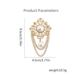 Vintage Round Pearl Filigree Flower Chain Tassel Brooches Lapel Pins for Women Girls Party Dance Banquet Dainty Boho Goldtone Dangle Drop Pin Dress Suit Clothes Accessories Jewelry Gifts