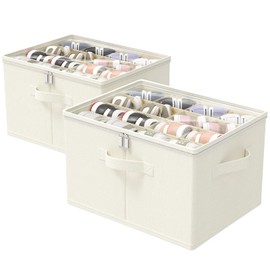 GUOHNHE Shoe Storage Bins, 2 Pack Closet Organizers System with Clear Cover and Reinforced Handles, Fits 16-32 Pairs, Foldable Clothes Basket, 21 x 16.5 x 13 In, Beige, XSNX01BEL-2