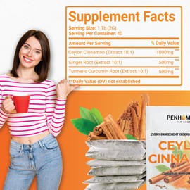 PENHOMENT 3in1 Cinnamon Tea Bags - Ceylon Cinnamon with Ginger, Turmeric - 40 Tea bags, 2gr/bag