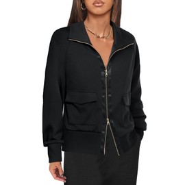 Fisoew Women's Zip up Sweatshirt Collared Neck Long Sleeve Loose Casual Lightweight Jacket with Pockets Black