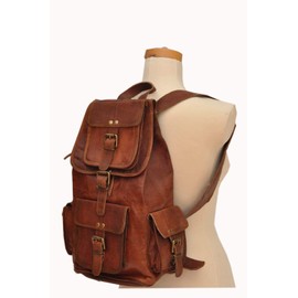 HLC 20" Genuine Leather Retro Rucksack Backpack Brown Leather Bag Travel Backpack for Men Women