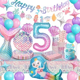 Mermaid Party Tableware Set, Mermaid Birthday Decoration 5 Years, Birthday Party Tableware, Paper Plates Children's Birthday Decoration with Balloons for Birthday Decoration Girls 5 Years 16 Guests