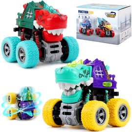 JODUDLR Dinosaur Toys for Kids 3-5, 2 Pack Monster Truck Toy Light-Up Sounds Toddler Boy Toys for Ages 2-4,360° Rotating Push and Go Cars, Toddler Toys for 3 4 5 6 7 Year Old Boys Girls Birthday