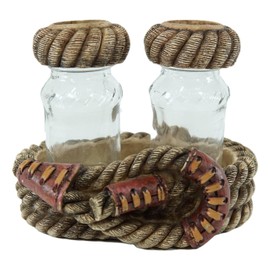 Ebros Gift Rustic Western Cowboy Braided Lasso Ropes Base Holder with Barn Ropes Topped Glass Salt and Pepper Shakers Sculpted Resin Figurine Set