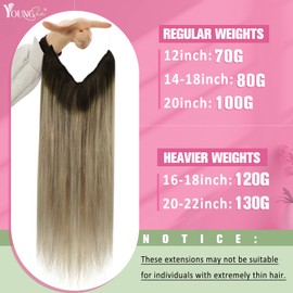 YoungSee Wire Extensions Human Hair Brown Ombre Invisible Wire Real Human Hair Extensions Dark Brown Ombre Light Brown with Blonde Real Hair Extensions for Women Invisible Wire 80G 14 Inch