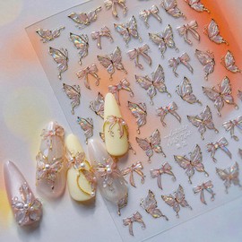 Butterfly Nail Stickers Spring Exquisite Pink Shell Light Butterfly 5D Embossed Nail Decals Spring Floral Supplies Self-Adhesive Nail Design Flowers Stickers for Nails Art Decoration for Women