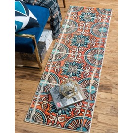 Unique Loom Estrella Collection Floral, Geometric, Vibrant, Modern, Abstract Area Rug, 2 ft 7 in x 10 ft, Orange/Blue