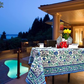 Sweet Us Paisley Paradise Floral Cotton Block Print Tablecloth and One Gray Napkin, Floral Kitchen Dining Table Cloth, Table Cover for Indoor and Outdoors, Emerald Bay, 60 x 60 in