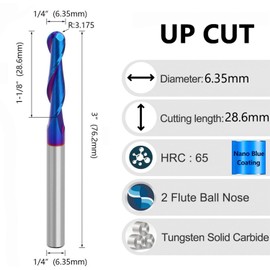 Bestgle 1/4" Shank 2 Flute Up Cut Spiral Ball Nose End Mill CNC Router Bit Nano Blue Coated Carbide Milling Cutter 1/4 x 1/4 x 1-1/8 x 3