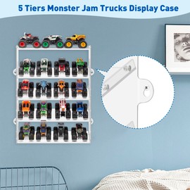 Assembly Monster Trucks Display Case Holding for 20 Monster Trucks Acrylic Storage Case 5 Tiers Monster Trucks Organizer with Tilted Design, Display Case for Toy Trucks (Transparent)