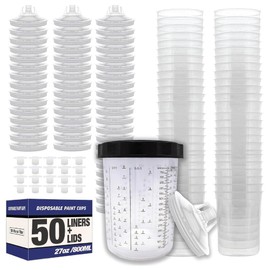 LAUCO Disposable Paint Spray Gun Cups Liners and Lid System 50 Cup Liners, 50 Lids, 1 Hard Cup w/Retainer Ring and 20 Plugs - Compatible w/Original 1.0 System (not 2.0) (800ml | 27oz | 190 Micron)