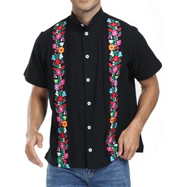 YZXDORWJ Men's Mexican Embroidered Shirt Traditional Floral Fiesta Shirt Peasant Guayabera Shirt for Men (L, M02-BK)