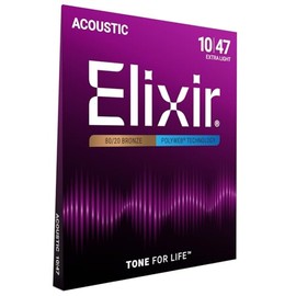 Elixir, cuerdas de bronce para guitarra acústica 80/20 con recubrimiento Polyweb, extralivianas (.010-.047), blanco negro rojo azul
