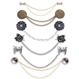 Ofeiyaa 6 Pcs Antique Sweater Shawl Clip Chain Renaissance Style Rose Bowknot Brooch Flowers Pin Gold Sliver For Women