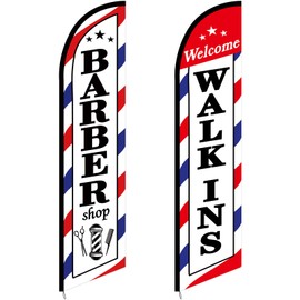 SmoothNovelty 2 Pcs Barber Flag for Outside Barbershop Themed Swooper Flag Open Feather Barber Sign Welcome Banner for Salon Business Outdoor Advertising Outside(NOT INCLUDE POLE KIT)(8.2×2.1 ft)