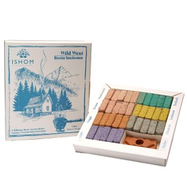 ISHOM| Wild West Smudge Incense Bricks| Copal, Guggal, Benjoin, Frankincense, Olibanum, Labdanum, and Patchouli Smudge Incense Bricks| 7 Fragrances of 10 Bricks Each| 70 Bricks+1 Holder