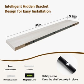 Acovy 55 Inch Floating Shelves, 55"x9.25"x1.5" Inch Deep Floating Shelves for Wall, Wooden Shelves for Bathroom, Bedroom, Living Room, Cream White Oak