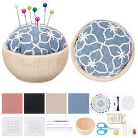 WEBEEDY DIY 4 Sets Embroidery Pin Cushion Sewing Kit, Sashiko Embroidery DIY Kit with Wooden Base Japanese Traditional Style Pin Holder for Adults Starter DIY Crafts Home Use