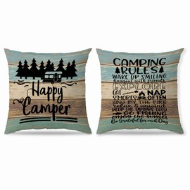 NEGIGA Rustic Wood Happy Camper Camping Rules Throw Pillow Covers 18x18 Inch Set of 2,Camper Camping Rules Decor Decorative Throw Pillow Cases Pillowcases,Camper Gifts for Camper Lover Women Men