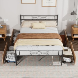 VECELO Queen Size Metal Platform Bed Frame with Headboard and 4 Storage Drawers/Steel Slat Support/No Box Spring Needed/Easy Assembly