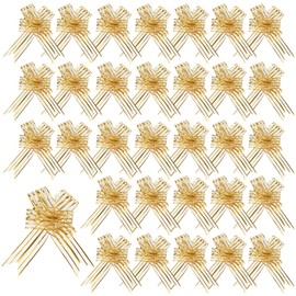 JEUIHAU 50 Pack Gold Pull Bow, 50mm Large Organza Bows, Gift Wrapping Bow Pull Bow Ribbon for Gift Wrapping Basket Birthday Wedding Decoration