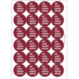 Eat Sleep Hearts Repeat Circular Matt Paper Stickers A4 Sheet of 24 (Each Sticker is 45mm Diameter)