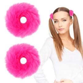 Ouligay 2 Pcs Furry Hot Pink Scrunchie,Pom Pom Hair Ties No Damage,Furry Hair Bands,Elastic Ponytail Holders,Pink Hair Accessories for Women Girl Ponytail Bun Hairstyle