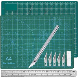 JONMON Self Healing Cutting Mat - 9 x 12 Inch Rotary Sewing Board, Double Sided 3mm Thick Quilting Engraving Cutter Mat Set with Craft Exacto Knife and 12 Inch Metal Ruler for Fabric Leather