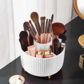 Diesisa Makeup Brush Case, 360° Rotation, Cosmetics Storage, 5 Slots Makeup Brush Case, Cosmetics Storage Box, Makeup Tools, Storage, Vanity Stand, Easy Organization - White